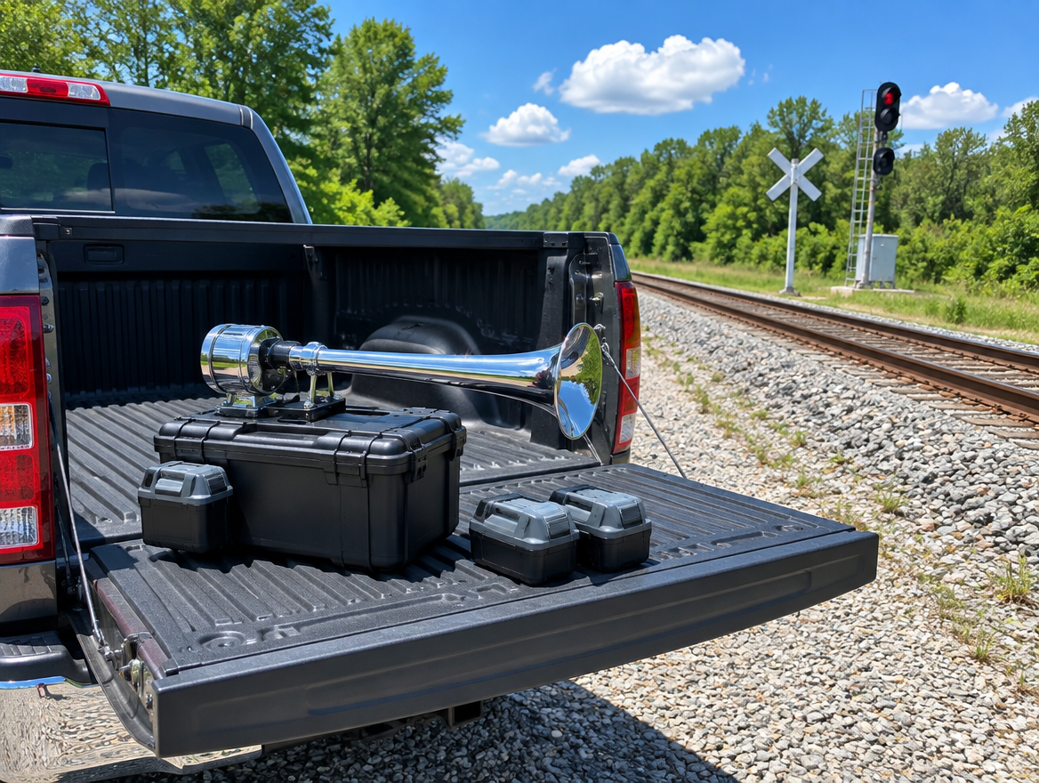 A portable train horn with a cordless battery pack on a pickup tailgate beside a rural rail line on a sunny day.