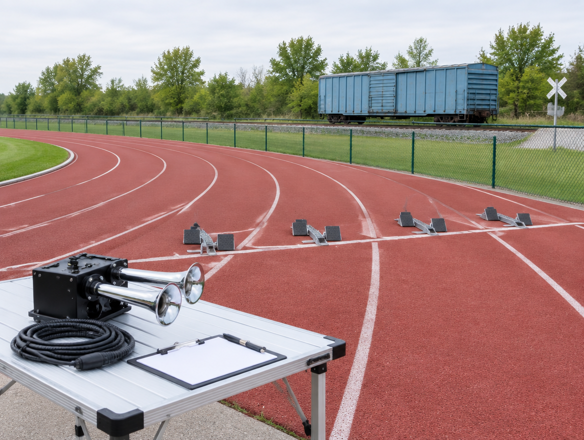 Outdoor running track with starting blocks, a compact train horn on a starter's table, and a boxcar on rails beyond the fence.
