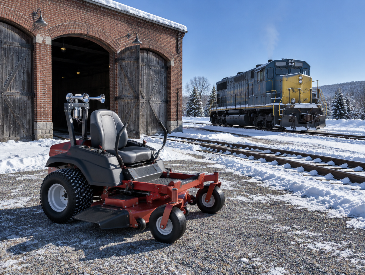 A zero-turn mower with a chrome air horn parked in fresh snow beside a brick engine shed and a locomotive on the track.