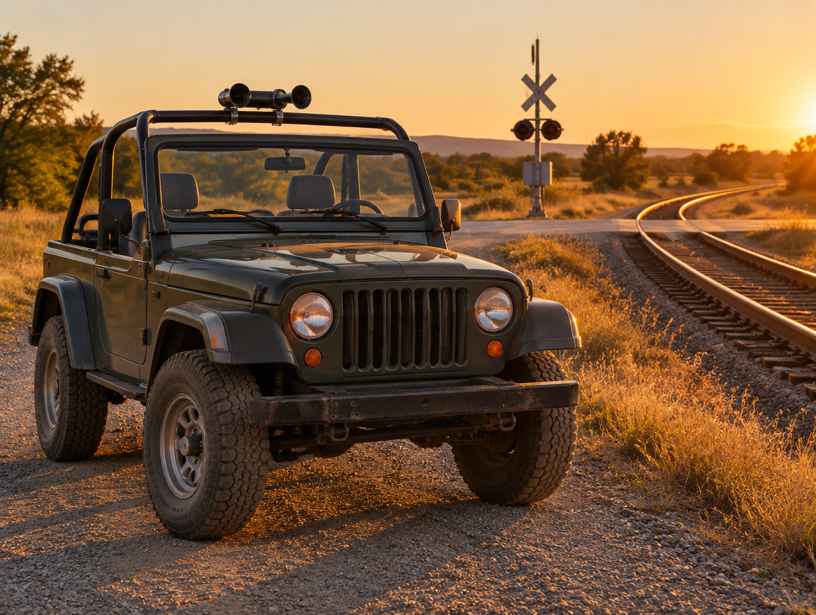 Open-top 4x4 with a battery train horn clamped to its roll bar, parked beside railway tracks at golden hour.