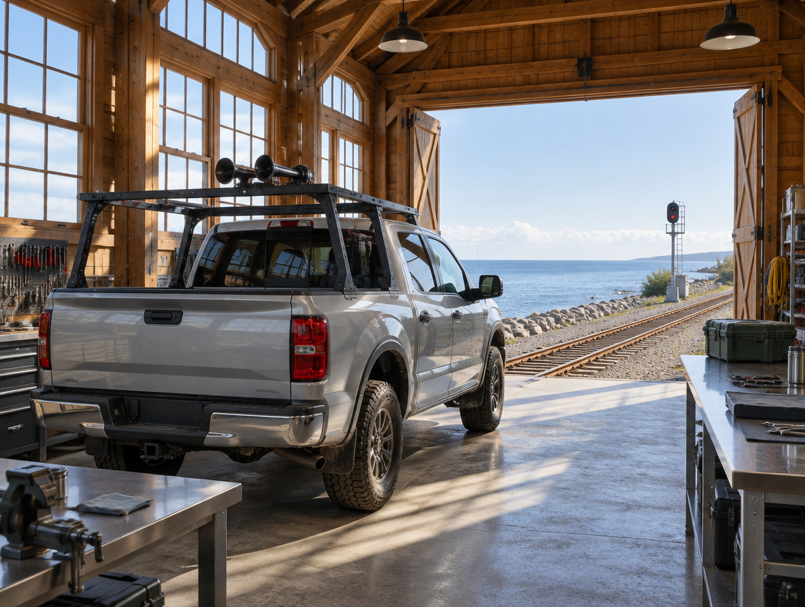 Pickup truck with a train horn on its bed rack inside a sunlit rail shed beside a shoreline track and the sea.