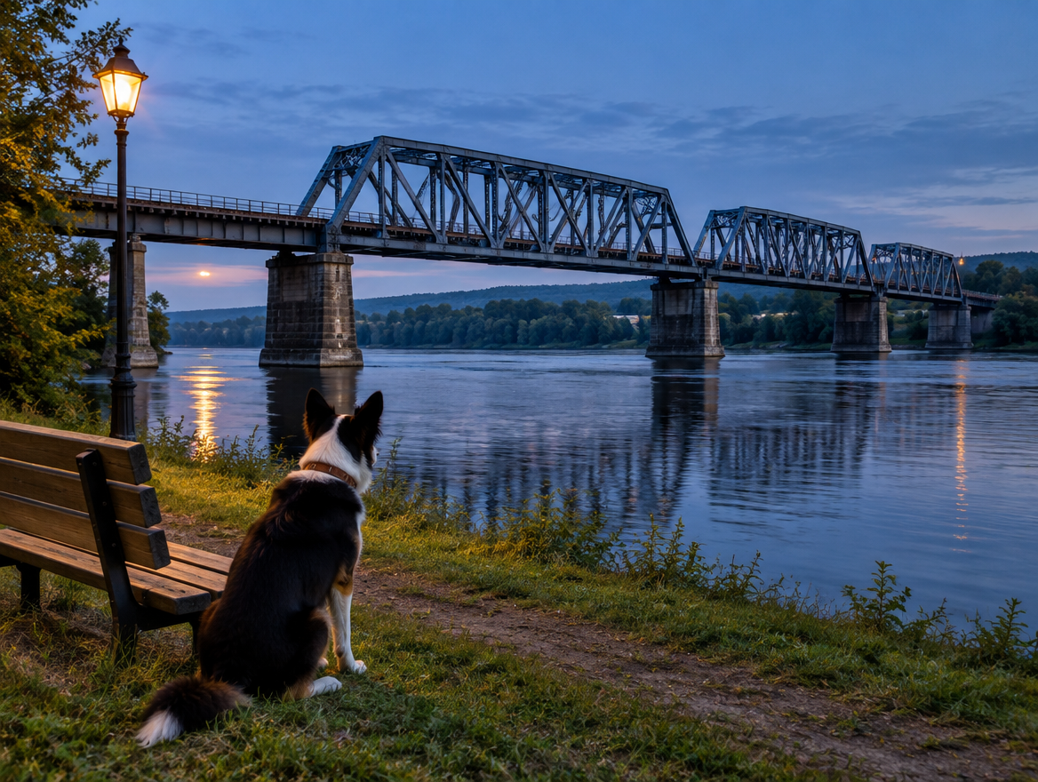 A dog sits on a riverbank at dusk, watching a steel trestle railway bridge from a safe distance under a warm lamp.