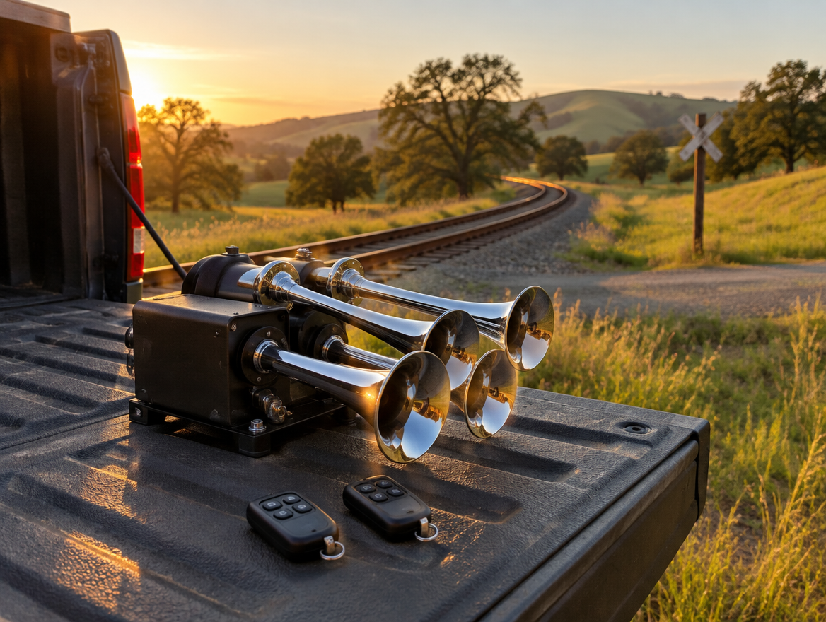 Chrome train horn kit and two key fob remotes on a pickup tailgate near a curving rail line in green hills at sunset.