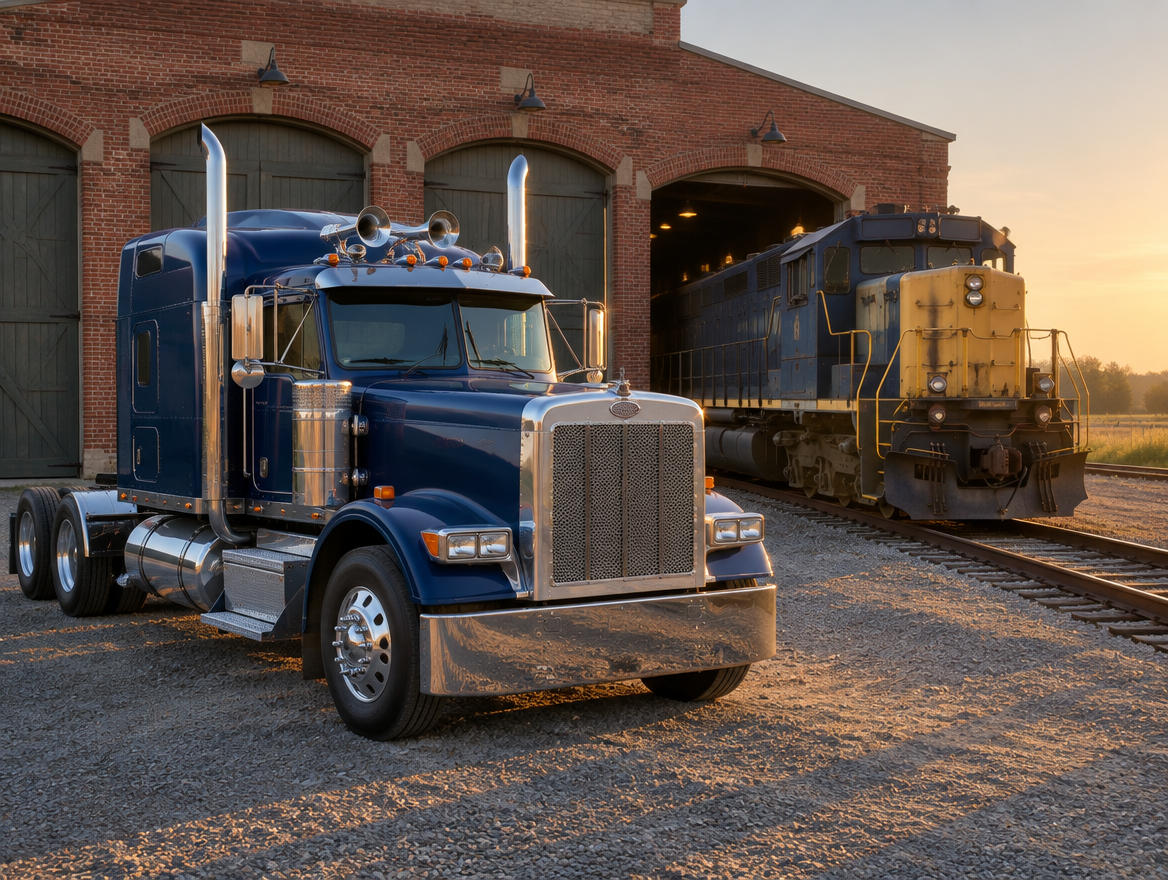 A blue semi-truck with roof-mounted chrome air horns parked beside an old brick engine shed and a locomotive at golden hour.