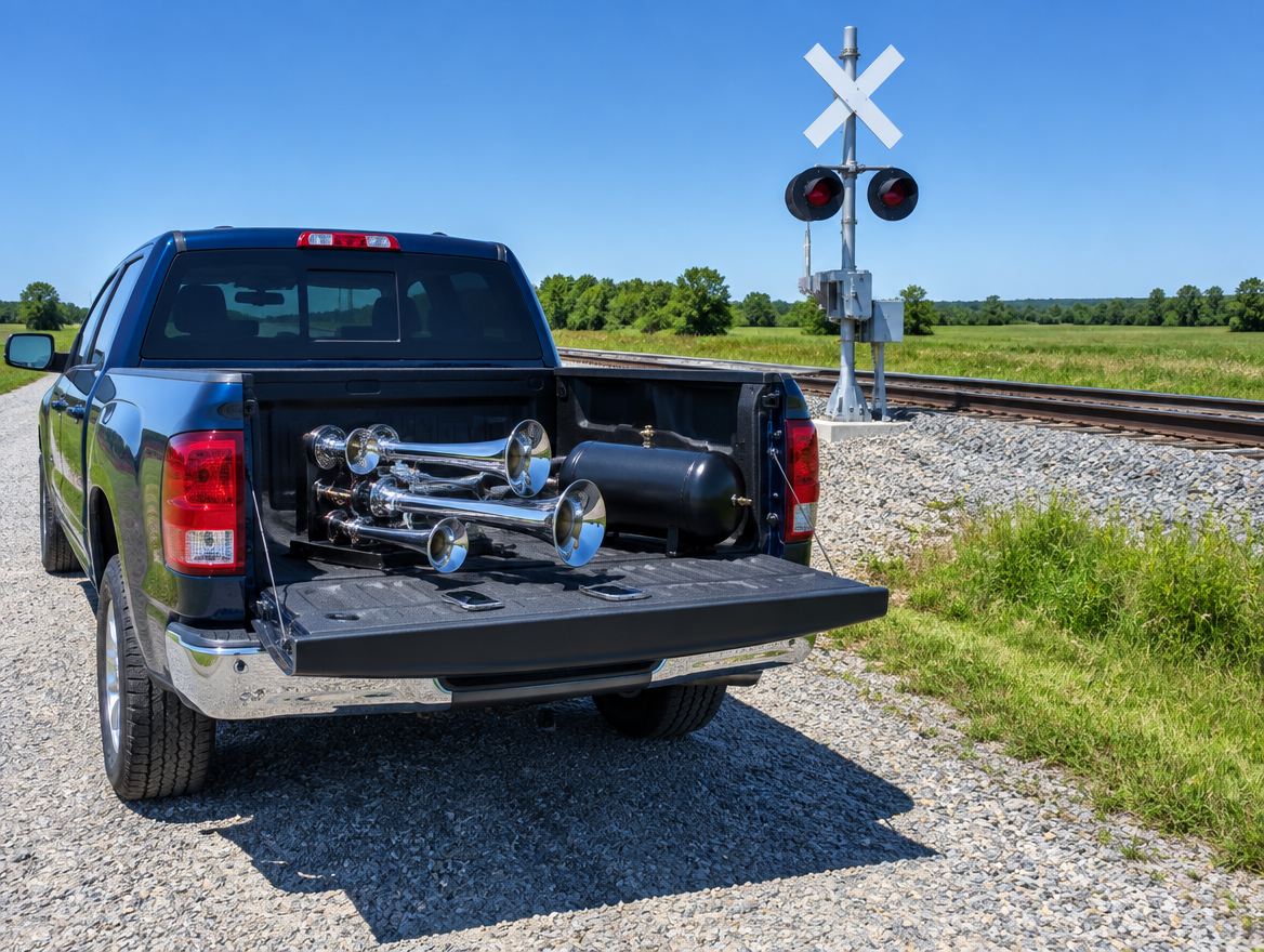A pickup parked by a railroad crossing, with a chrome train horn and a small smartphone resting on its open tailgate.