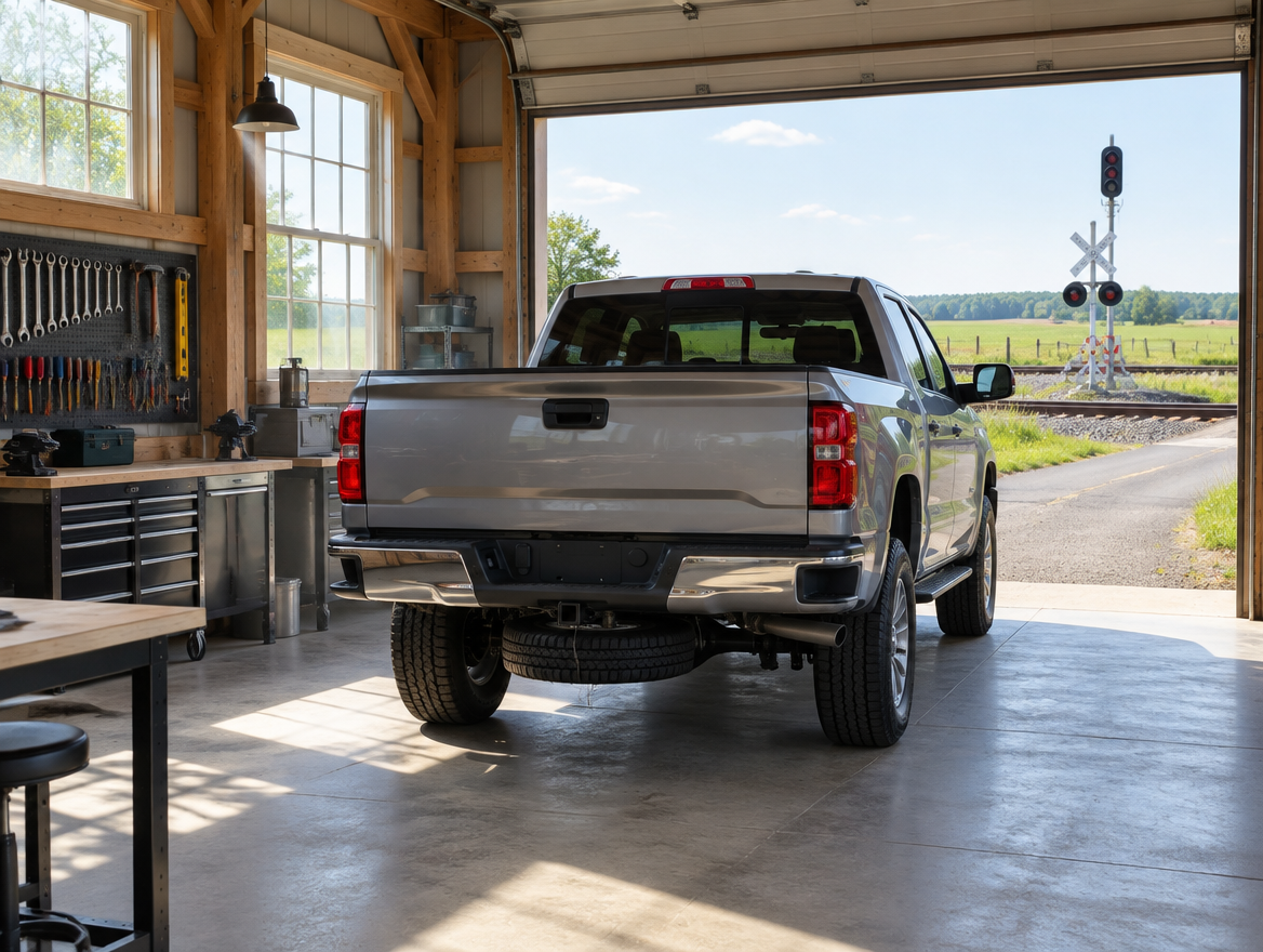 A pickup truck with its spare tire still underneath sits in a sunlit workshop that looks out on a rural railroad crossing.