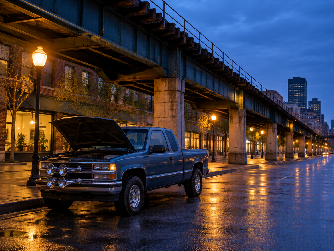 A pickup truck with its hood up and chrome air horns, parked under an elevated rail viaduct at dusk