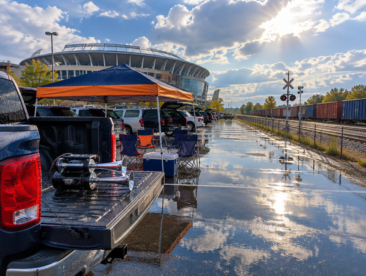 Portable train horn on a pickup tailgate in a wet stadium lot beside freight tracks as the sun breaks through after rain.