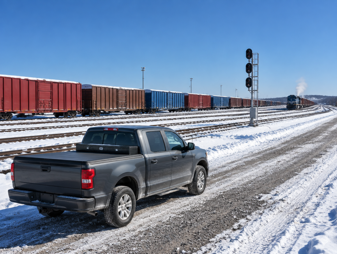 Pickup truck with a crossbed toolbox and tonneau cover parked beside snowy freight yard tracks and boxcars.