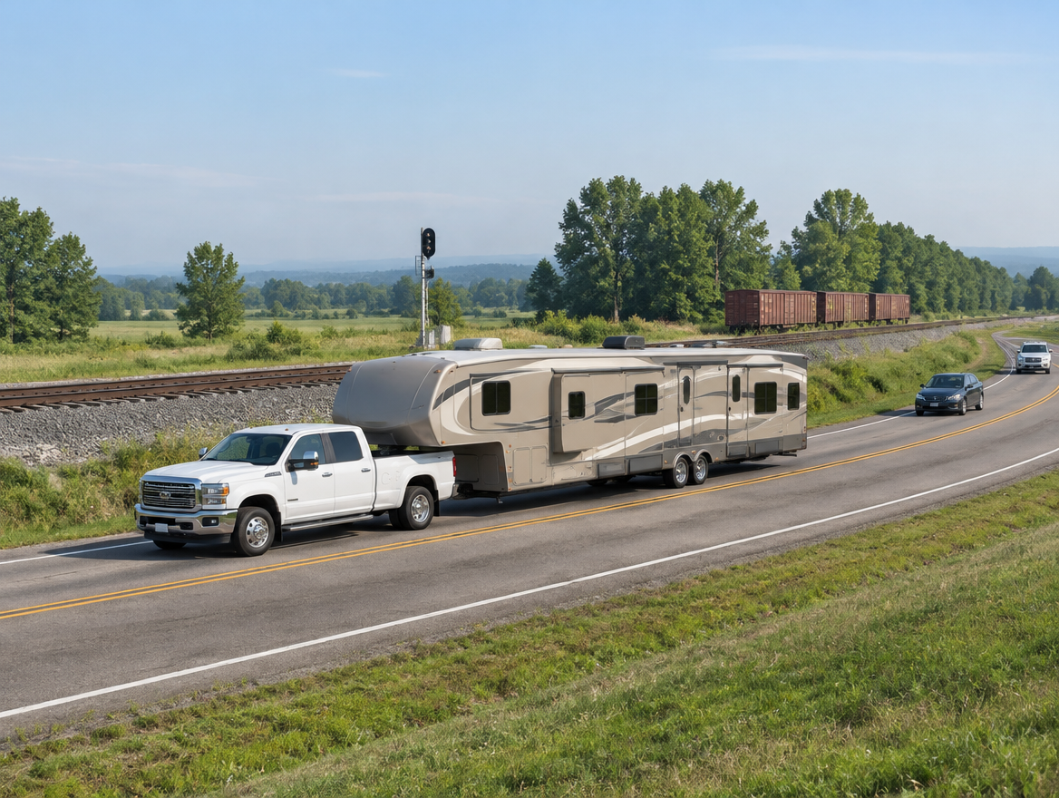 A pickup towing a long fifth wheel trailer on a rural highway beside a railway line in soft morning light.