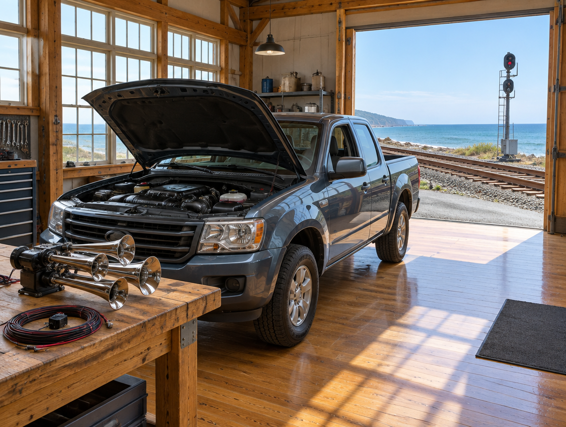 A clean pickup with its hood open in a sunlit workshop, with a shoreline railway track visible through the open door.