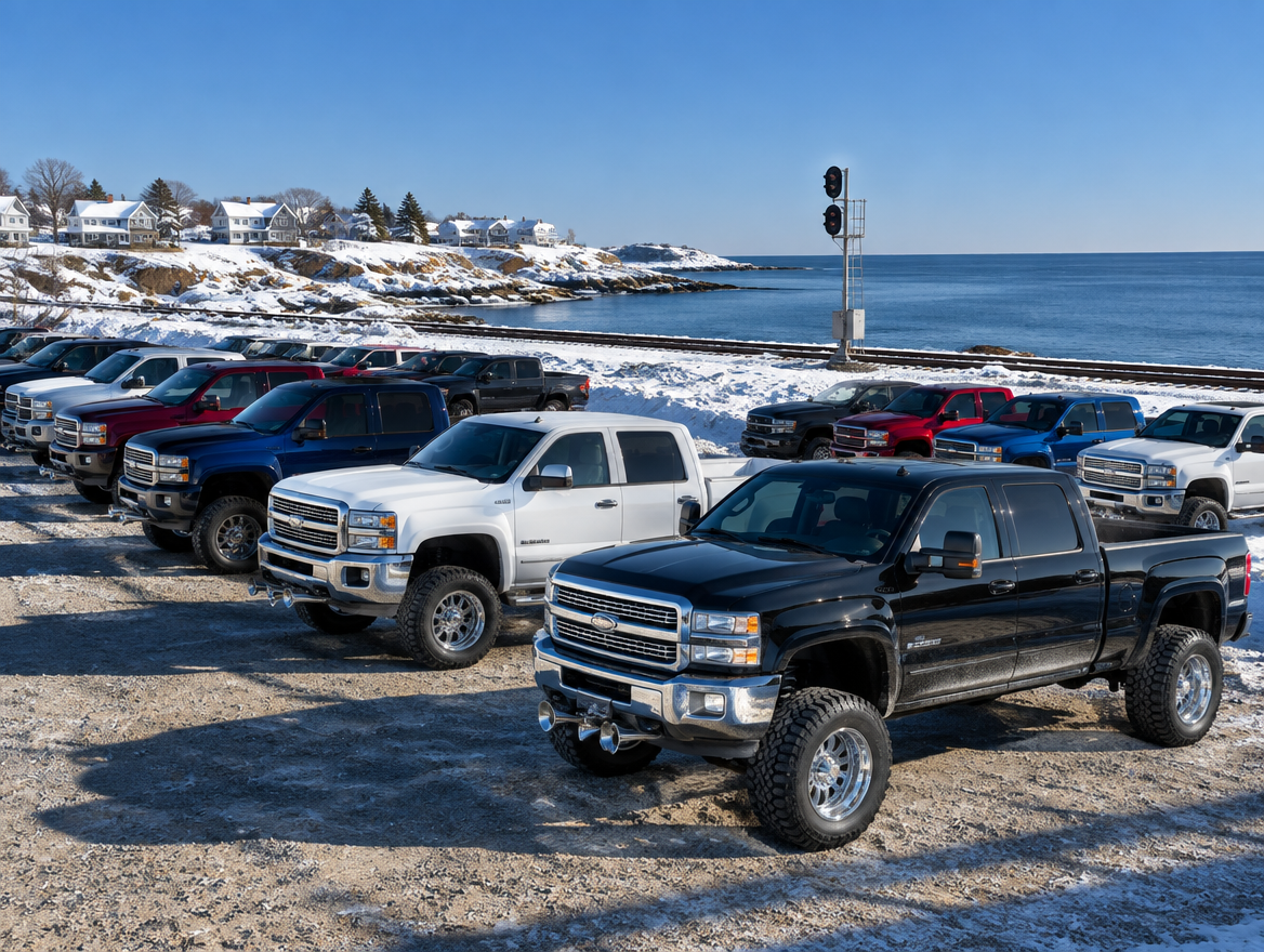 Clean pickup trucks parked in a snowy lot beside a coastal railway line, with the sea and nearby houses behind them.