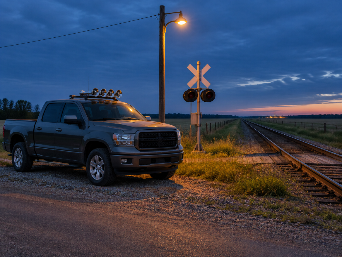 Pickup truck with roof-mounted chrome train horns aimed forward, parked by a rural railroad crossing at dusk