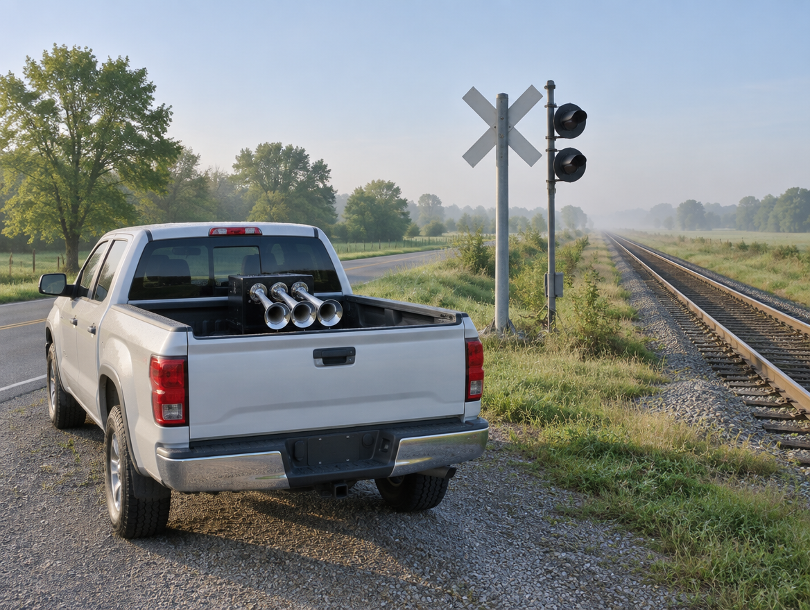 A pickup parked by a rural railroad crossing with a chrome battery train horn in the bed, bells pointed back.