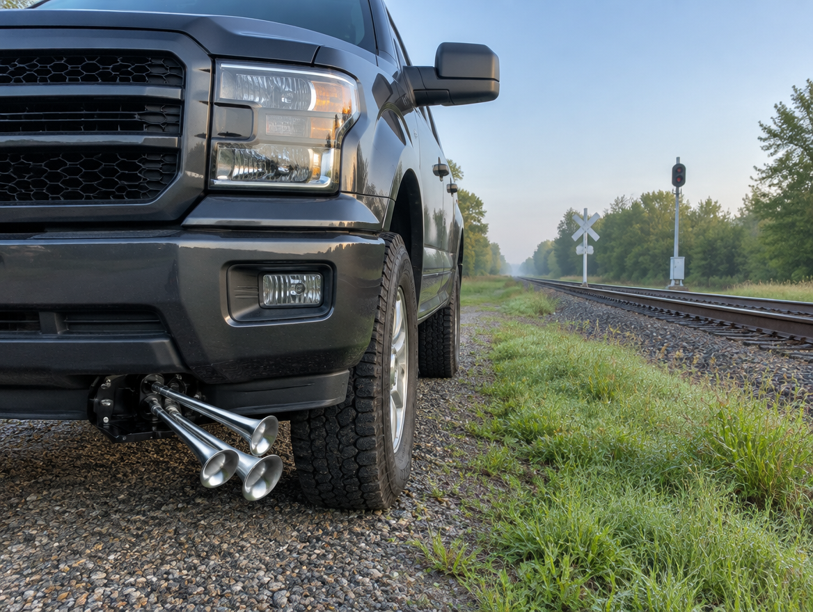 Pickup truck with chrome train horn trumpets mounted under its frame, parked beside a rural rail line in morning light