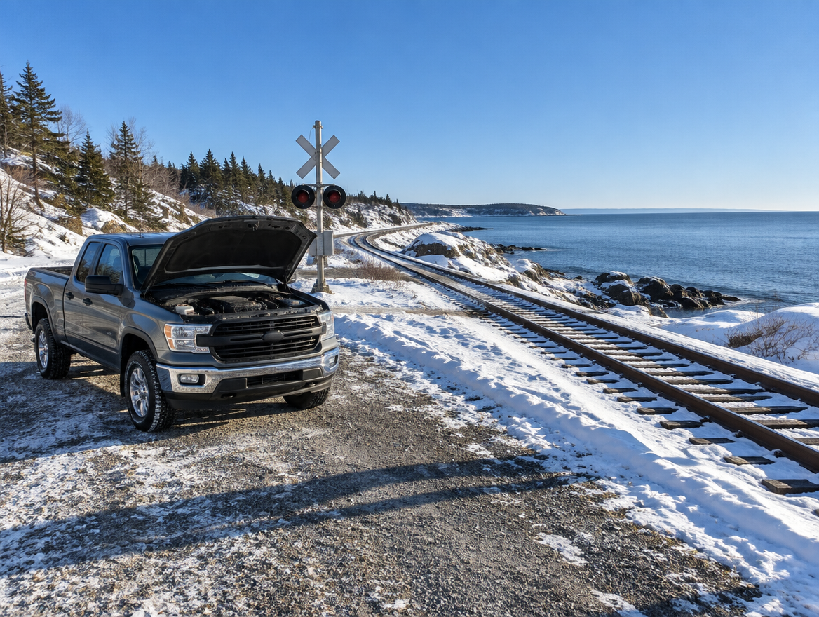 Pickup truck with its hood open, parked beside a snowy coastal railway track under a clear blue winter sky.