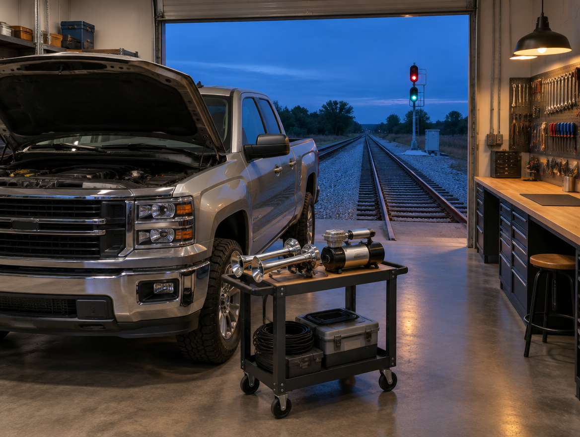 A pickup truck with its hood up in a lamp-lit rail workshop, a new air horn on a cart and track visible at dusk.