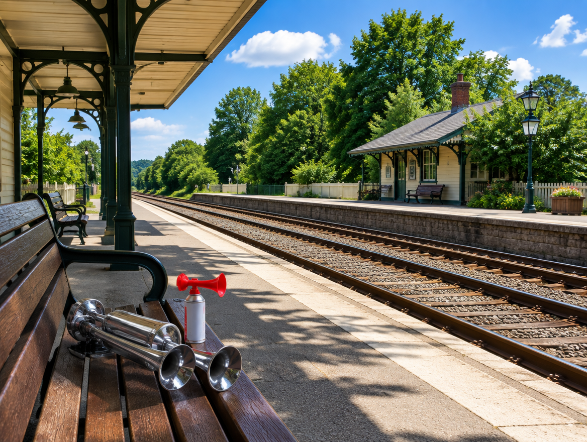 A chrome train horn and an aerosol air horn can on a bench at a sunny small-town station platform by the tracks.