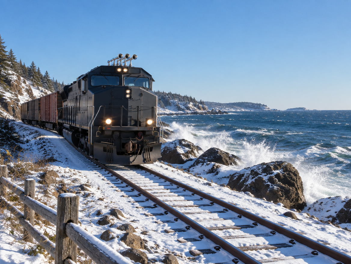 A diesel locomotive with a roof-mounted multi-trumpet horn runs along a snowy coastal railway under a blue sky.