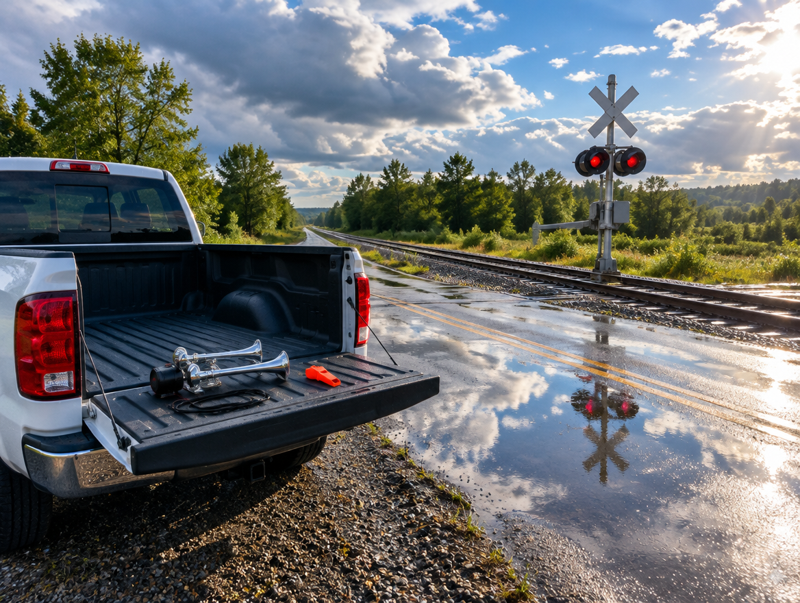 A pickup tailgate by a wet rail crossing holds a chrome air horn kit and an orange whistle as the sun breaks through.