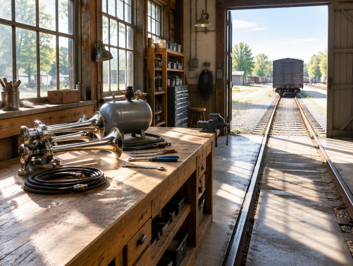 Sunlit workshop with a chrome three-trumpet air horn on a wooden bench and a rail track leading out to a boxcar.