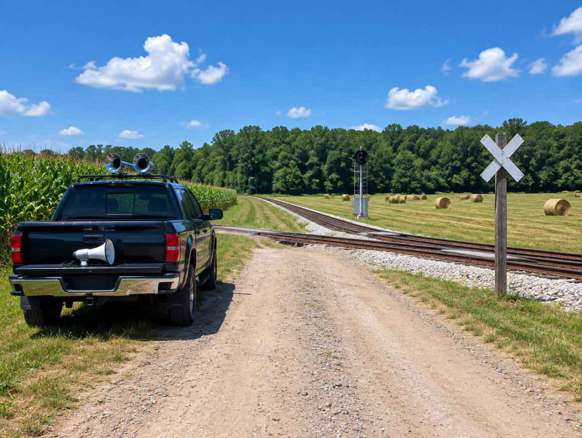 A pickup with chrome air horns on the roof and a megaphone on its tailgate, parked at a farm railroad crossing in summer