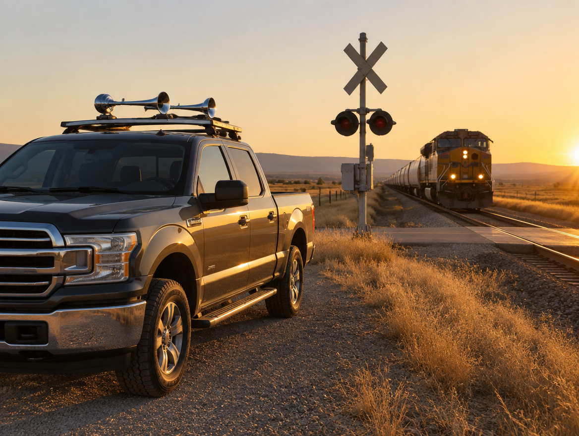 A pickup truck with chrome roof-mounted air horns parked by a rail crossing as a diesel locomotive waits in golden light.