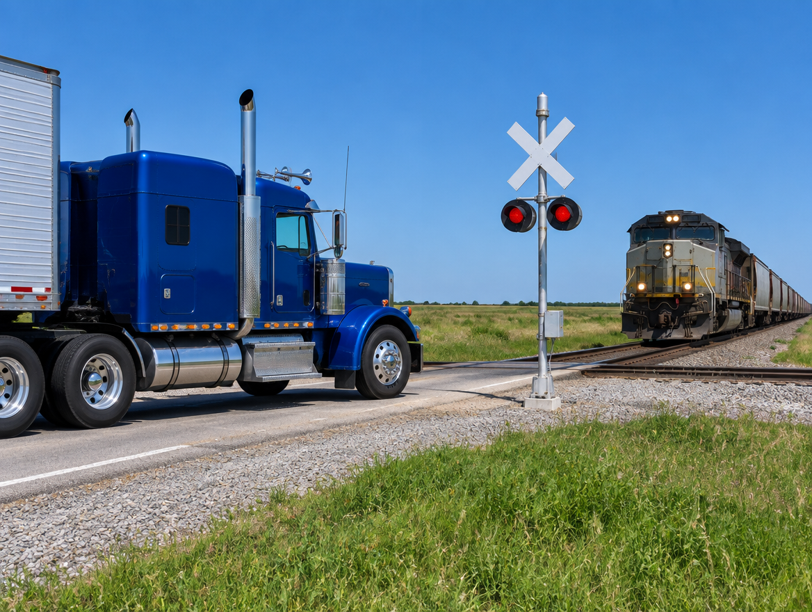 A semi truck waits at a sunny rural railroad crossing as a diesel freight locomotive approaches on the tracks.