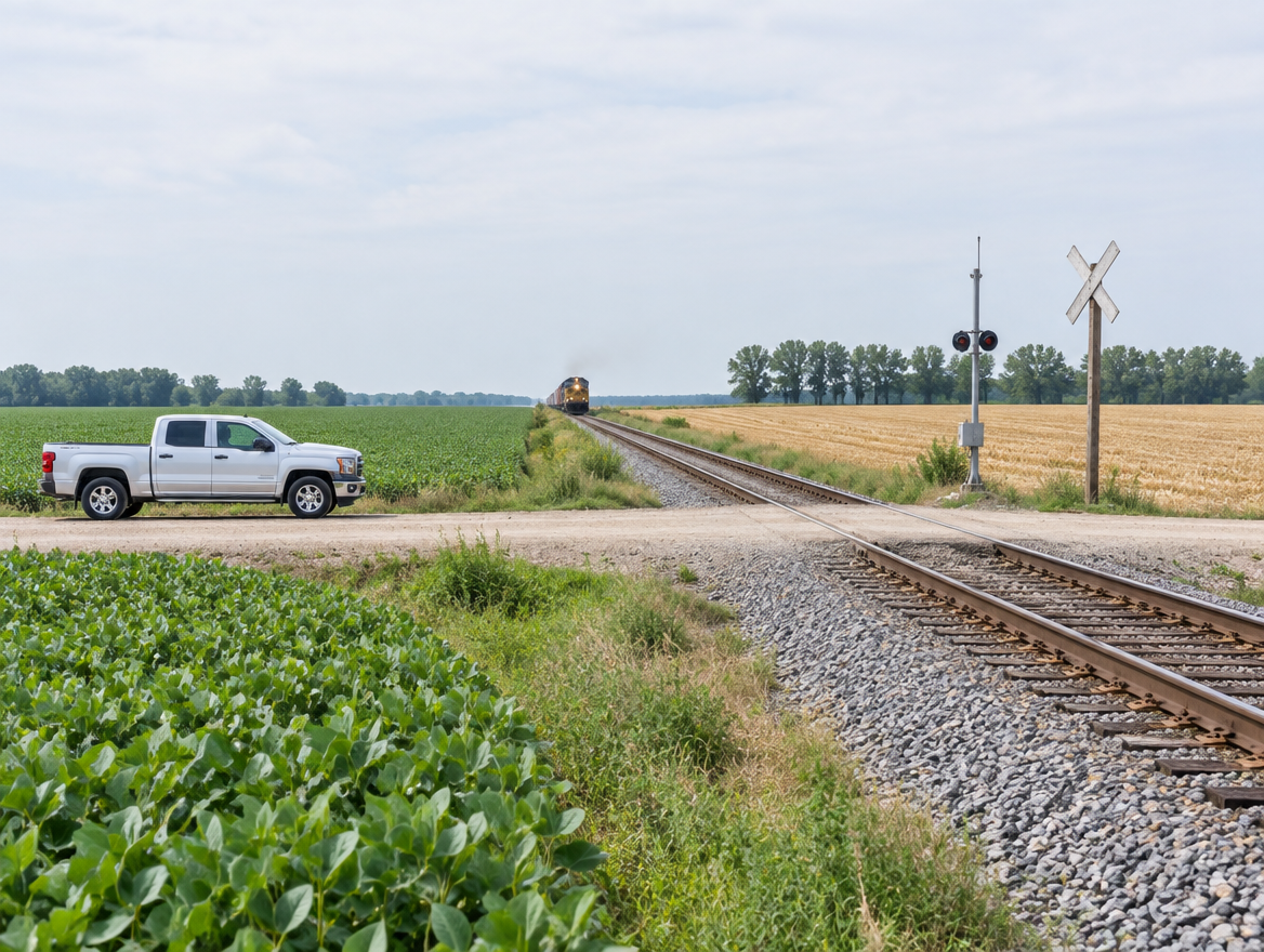 A dirt farm track crosses a single railway line between fields, with a crossbuck and a distant locomotive under a pale sky.