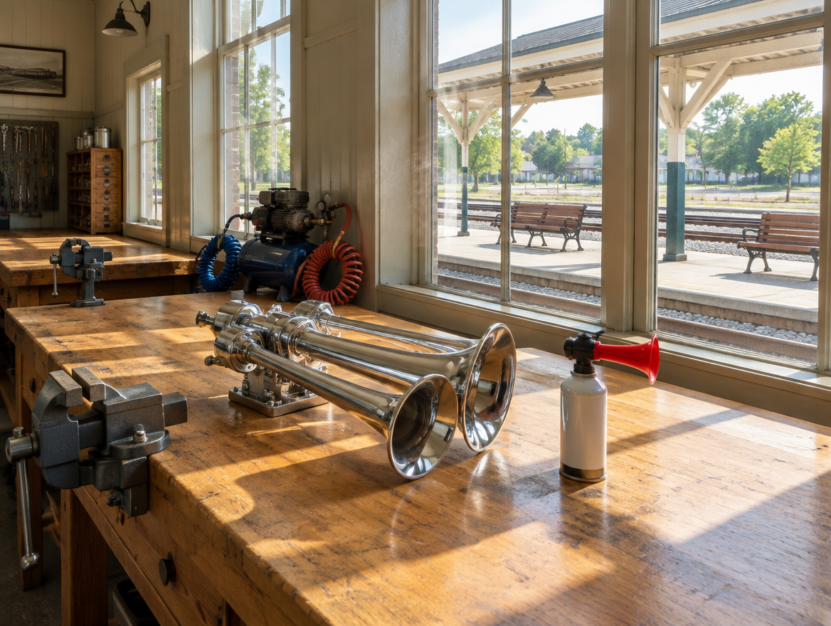 A chrome train horn and a small handheld air horn on a sunlit wooden workbench, with a station platform seen through the windows.