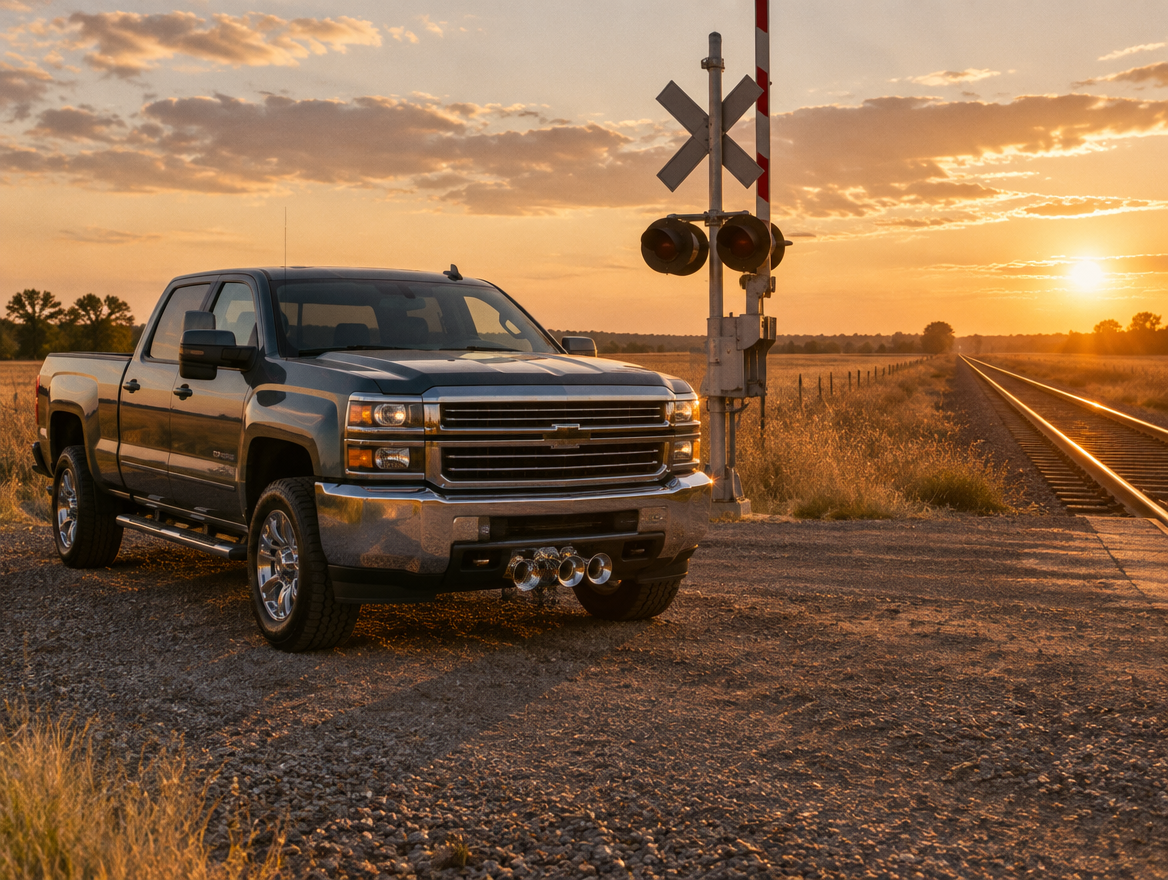 Pickup truck with chrome train horns parked by a rural railroad crossing at sunset