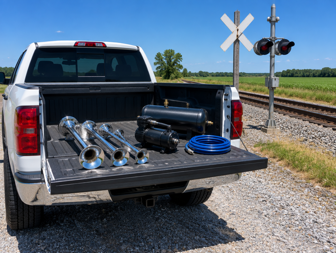 Chrome train horn kit and air compressor on a pickup tailgate beside a rural railroad crossing on a sunny day.