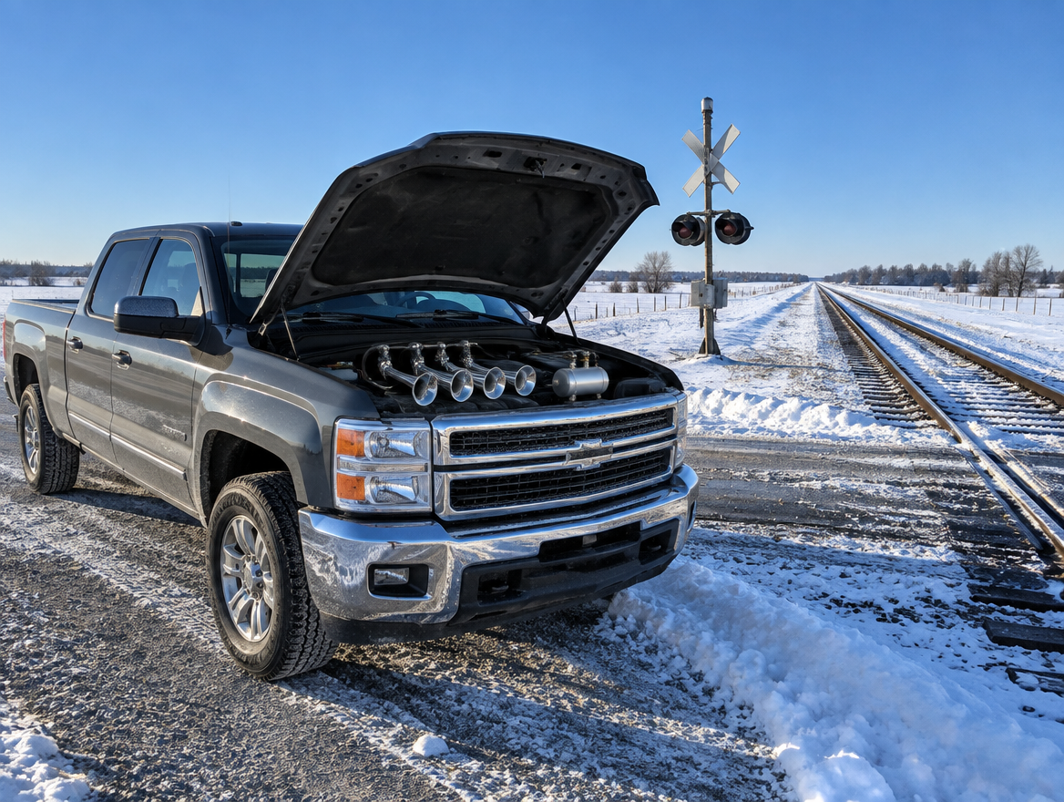 A pickup with its hood open and a chrome air horn set, parked by a snowy railroad crossing under a blue sky