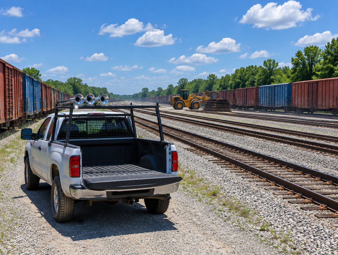 White pickup work truck with chrome air horns parked beside parallel freight yard tracks and boxcars on a summer day.