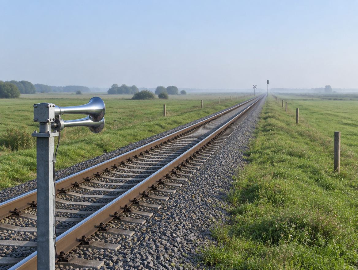A chrome air horn on a post beside a long straight railway track that fades into morning haze across green fields.