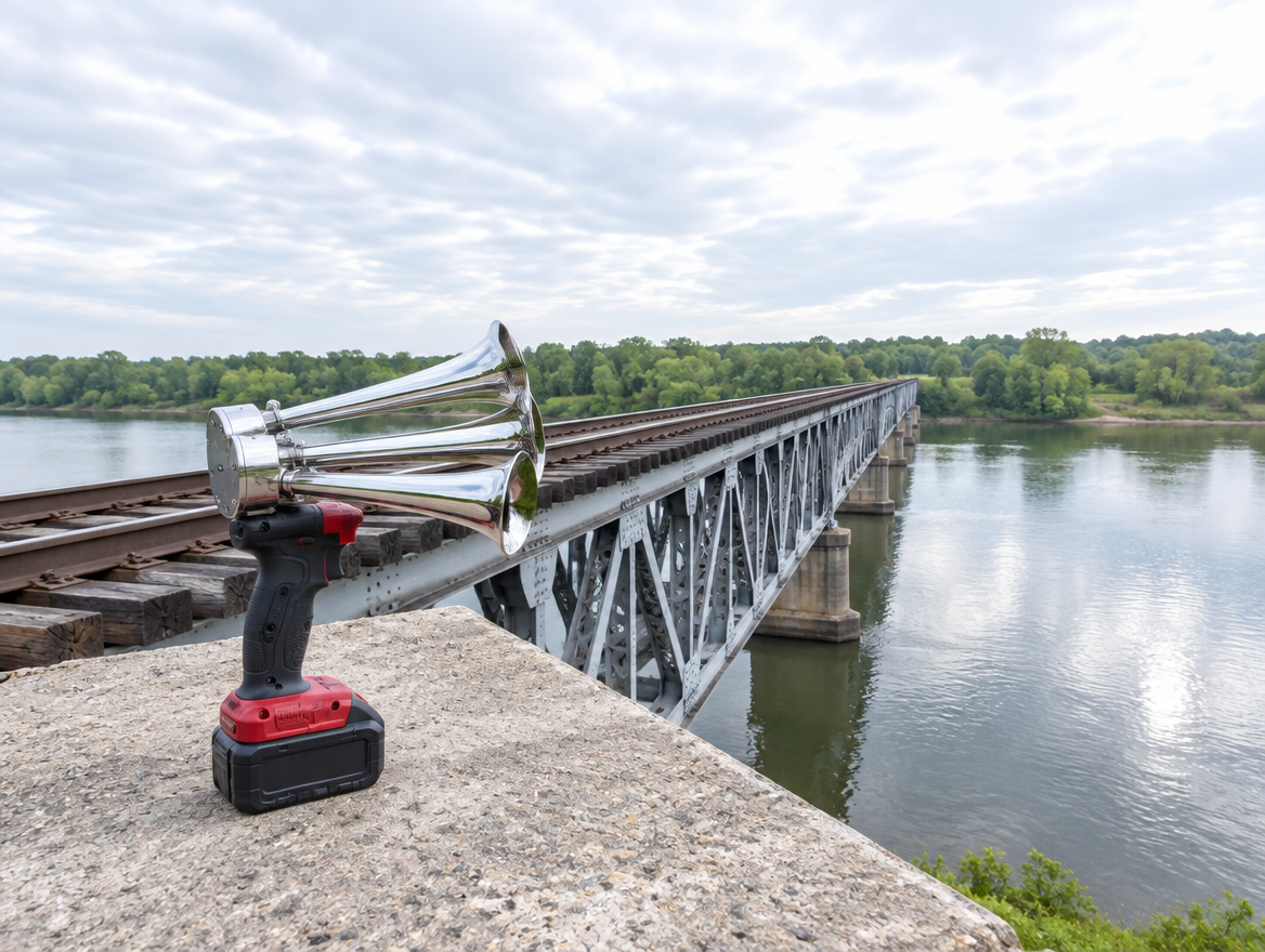 A handheld battery-powered horn with chrome trumpets on a concrete abutment beside a steel trestle rail bridge over a river