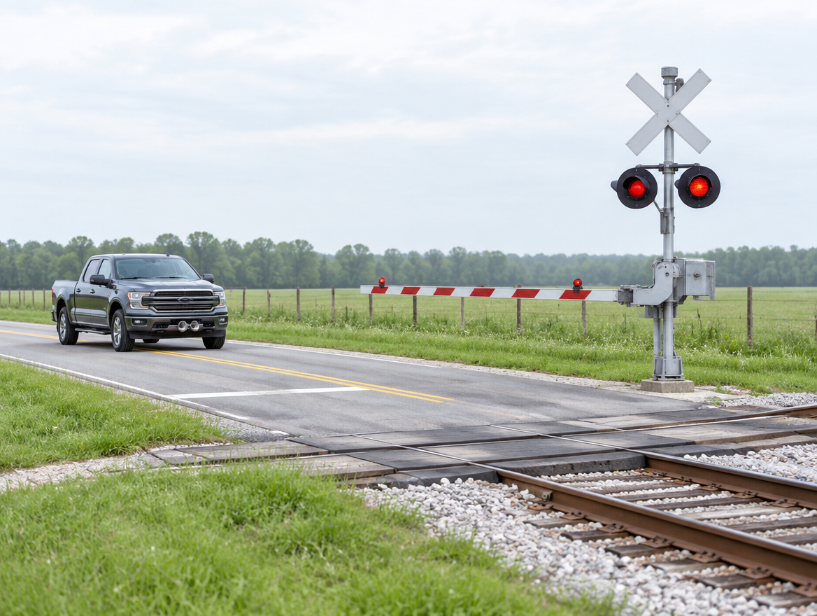 A pickup truck waits at a rural railroad crossing with a crossbuck and signal mast under a bright overcast sky.