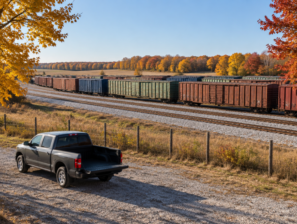 A pickup truck parked on a rural gravel lot near a freight yard with boxcars, under bright autumn trees.