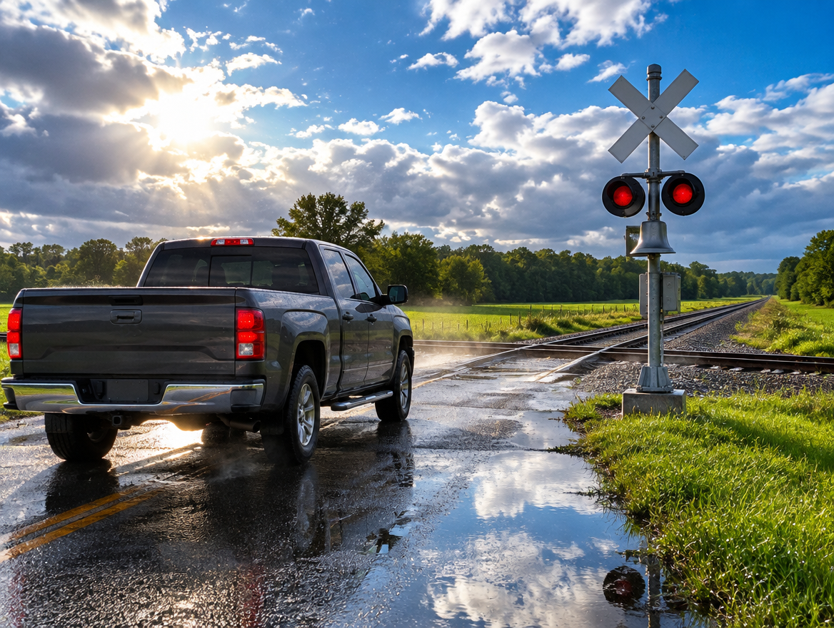 A pickup truck waits at a wet rural railroad crossing with a crossbuck and signal mast as the sun breaks through after rain.