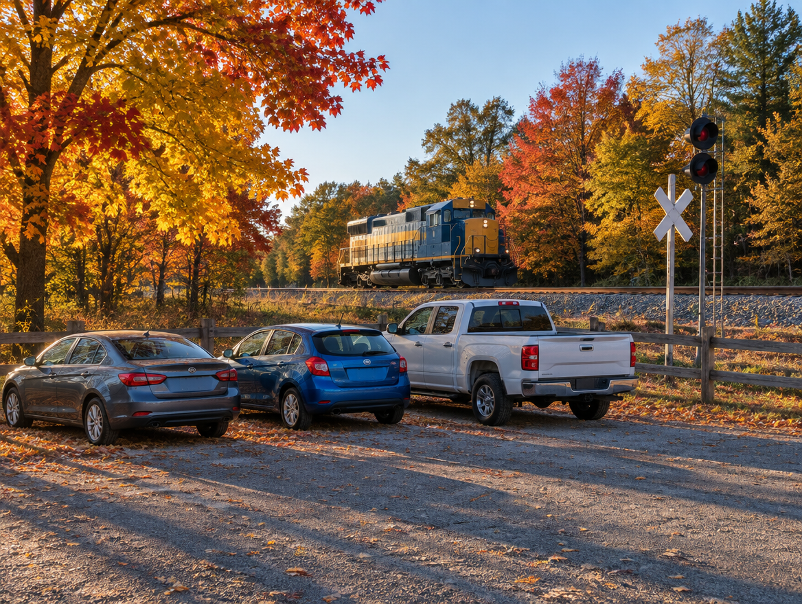 Parked cars in a small lot beside a rail line with a crossbuck and a locomotive under bright autumn trees.