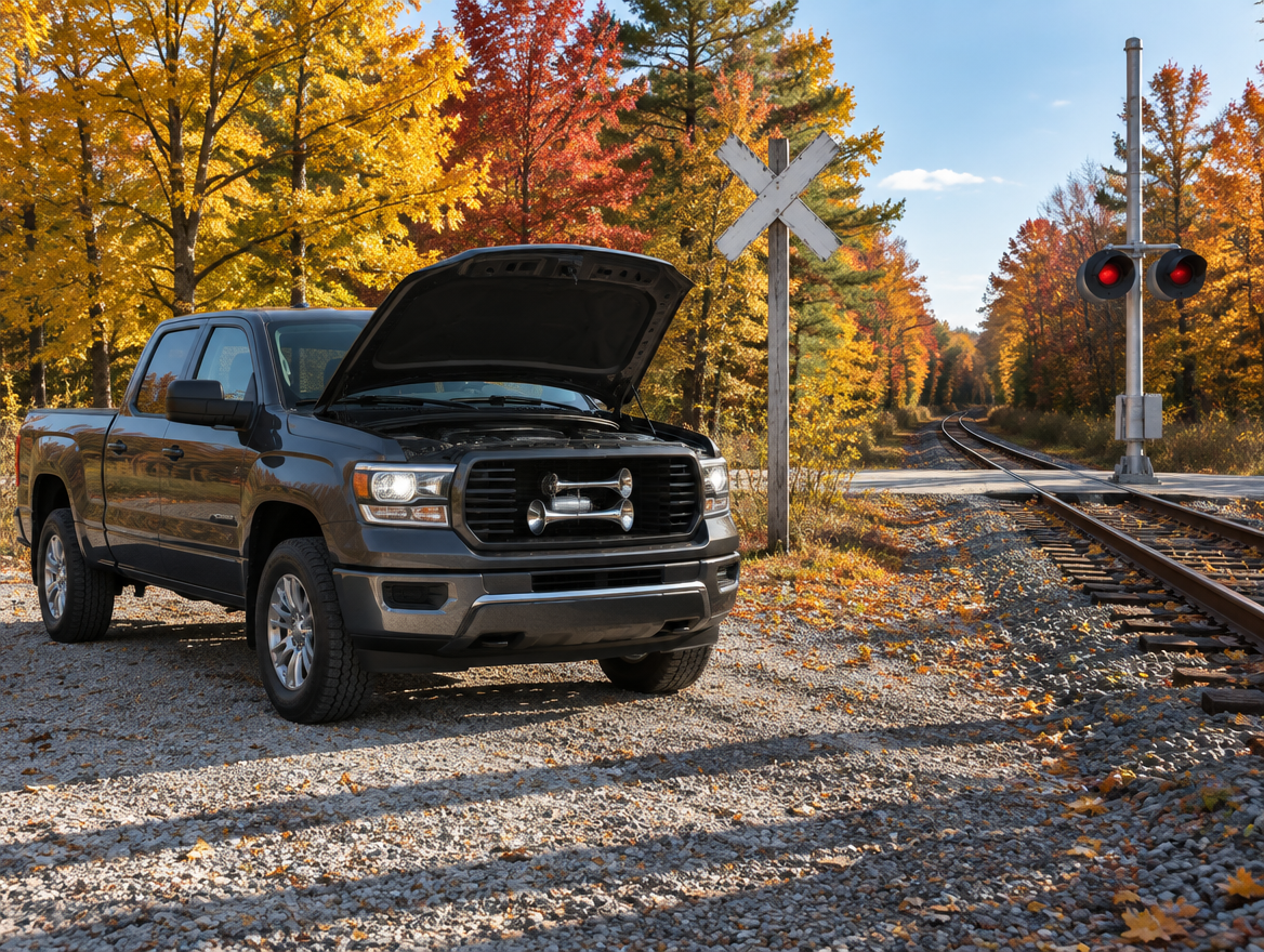 A pickup truck with its hood open, parked beside a rural railroad crossing with a crossbuck and autumn trees.