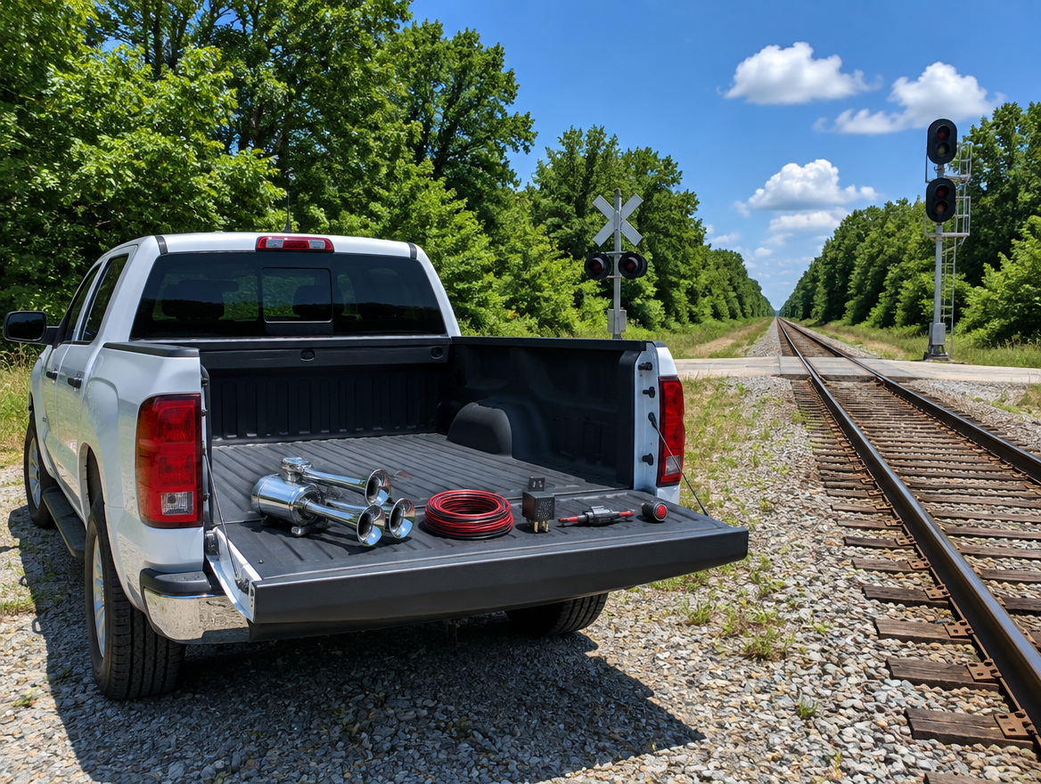 Pickup truck tailgate with a chrome train horn, relay and wiring parts beside a sunny rural railway line.