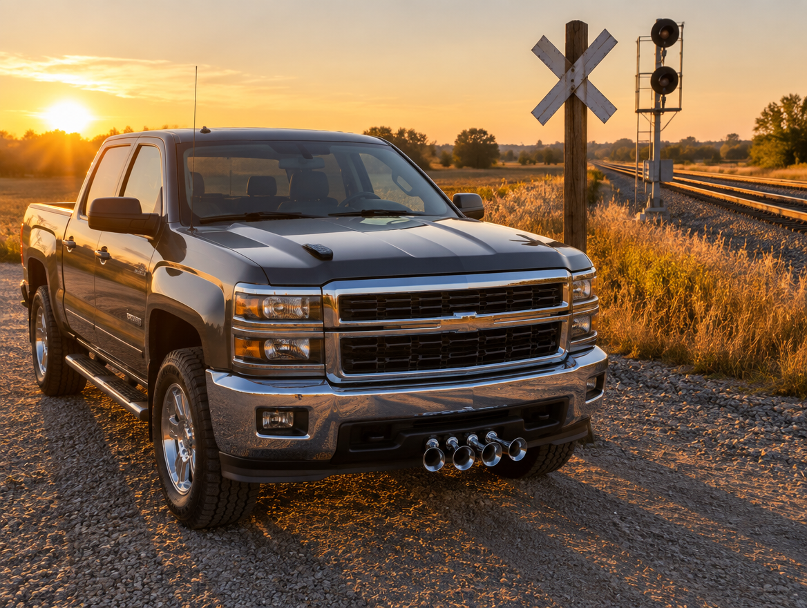 Pickup truck with chrome air horns parked by a railroad crossing at golden hour, a key fob resting on the hood.