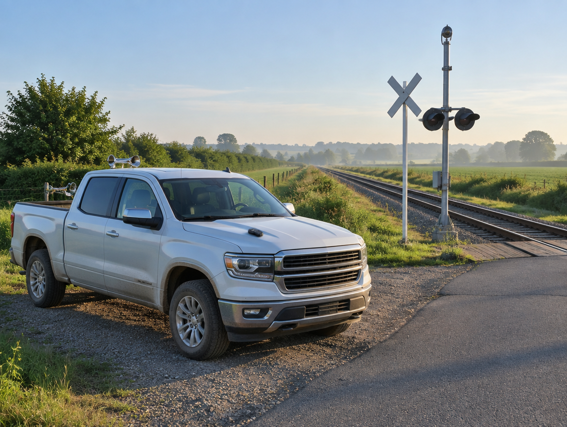 A pickup truck with a roof-mounted train horn parked beside a rural level crossing with a crossbuck and signal mast at dawn.