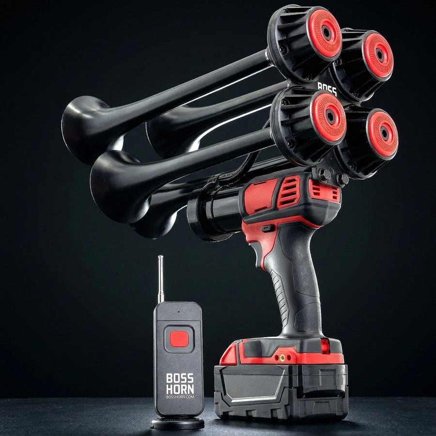 Train Horn Drill — battery-powered train horn on a cordless tool platform