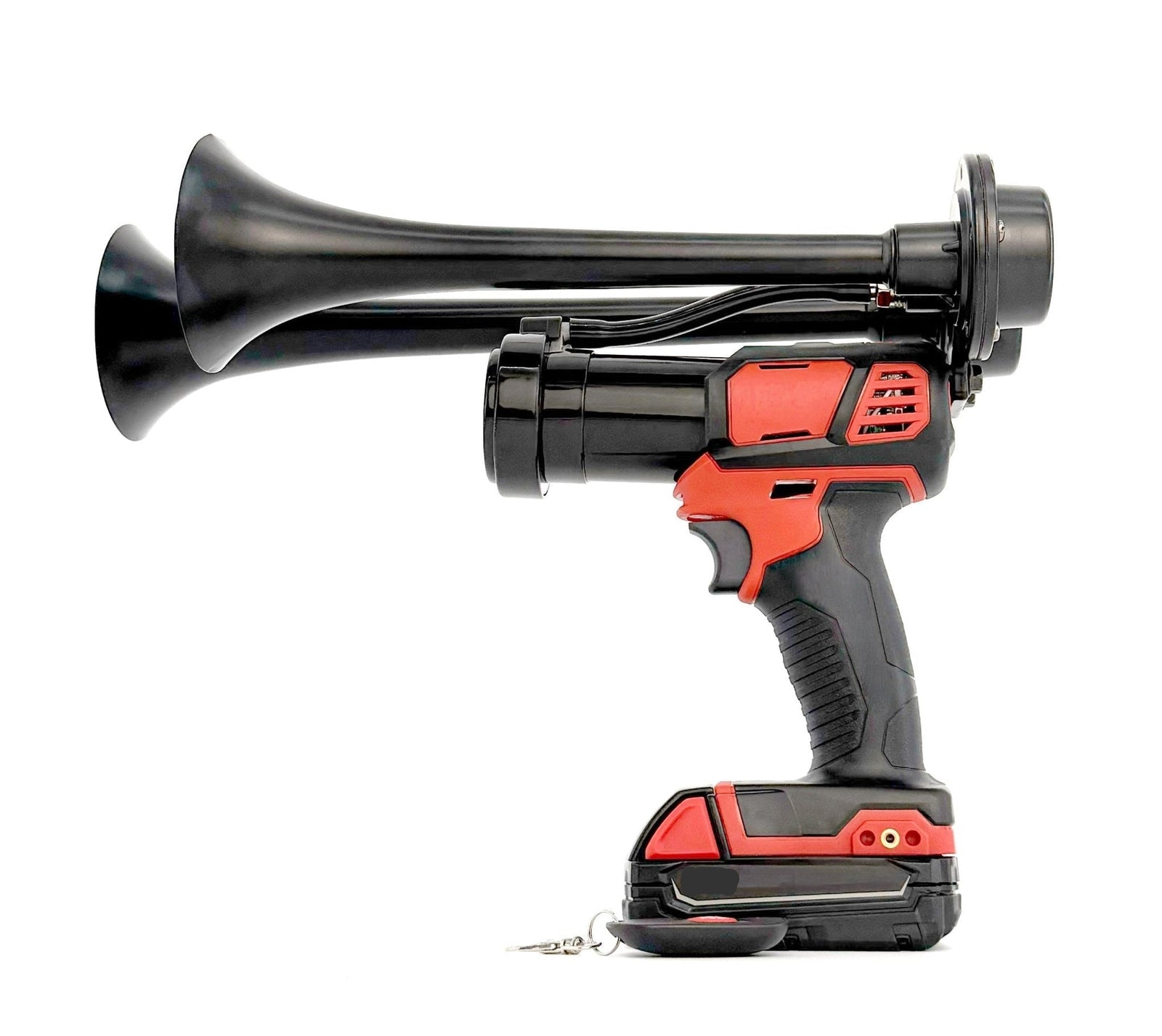 Black dual trumpet air horn in side profile on a Milwaukee® 18v compatible battery, remote below - view 15