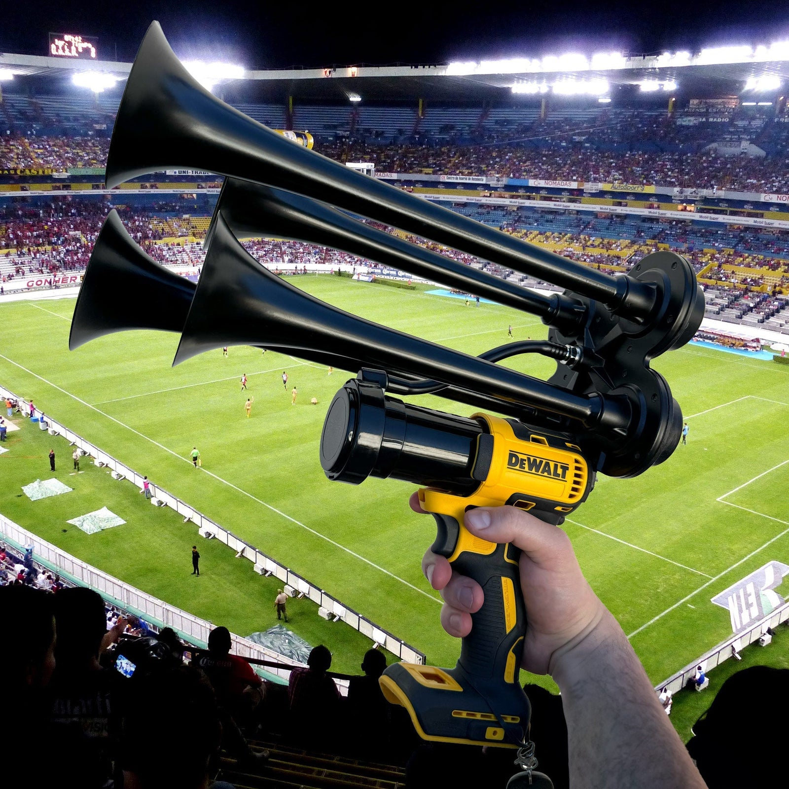 Extreme Series DeWalt Train Horn at the soccer stadium. Man holds train horn in hand, ready to cheer - view 7