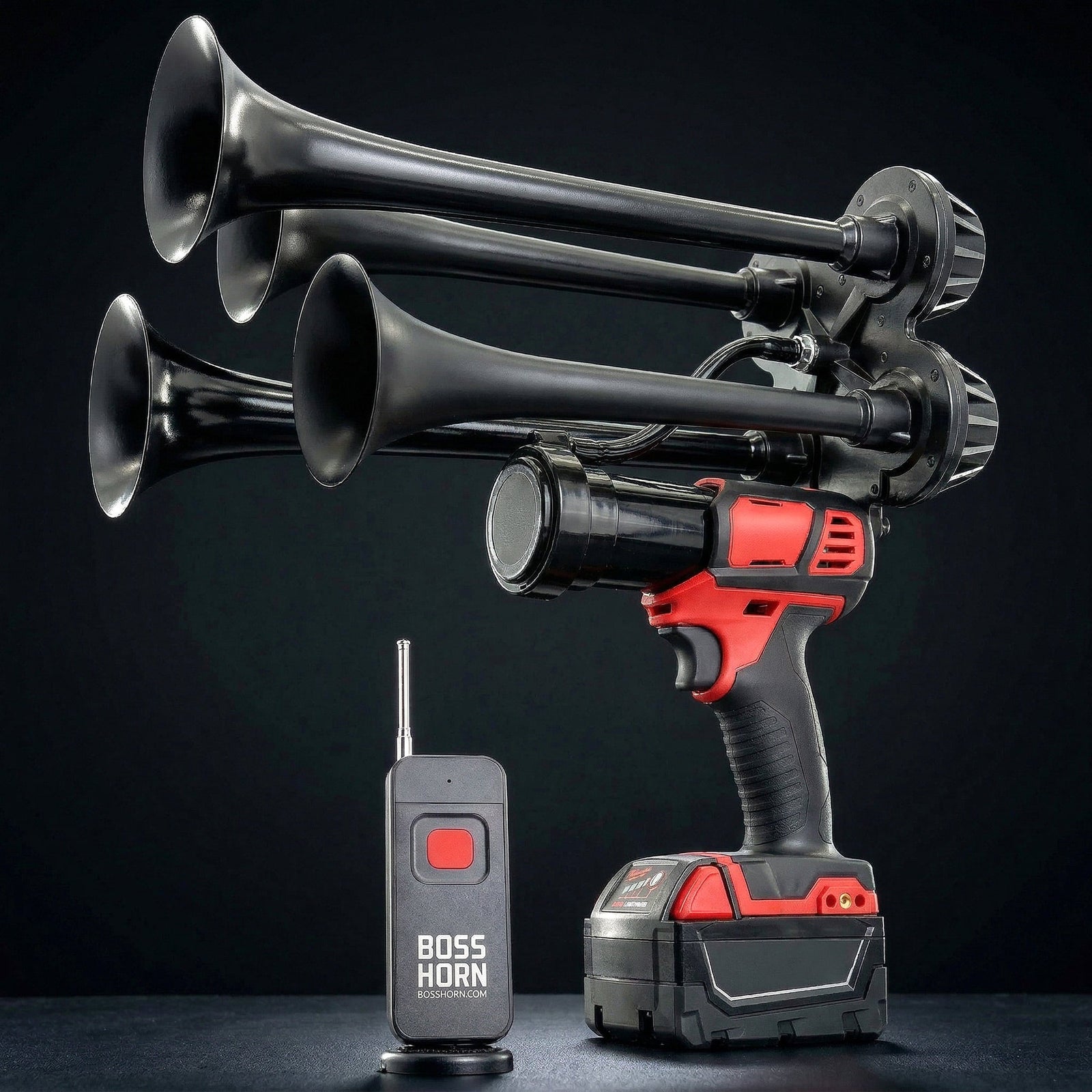 Side view of black quad-trumpet train horn with long curved bells, powered by a Milwaukee® M18 battery, next to an antenna wireless remote - view 8